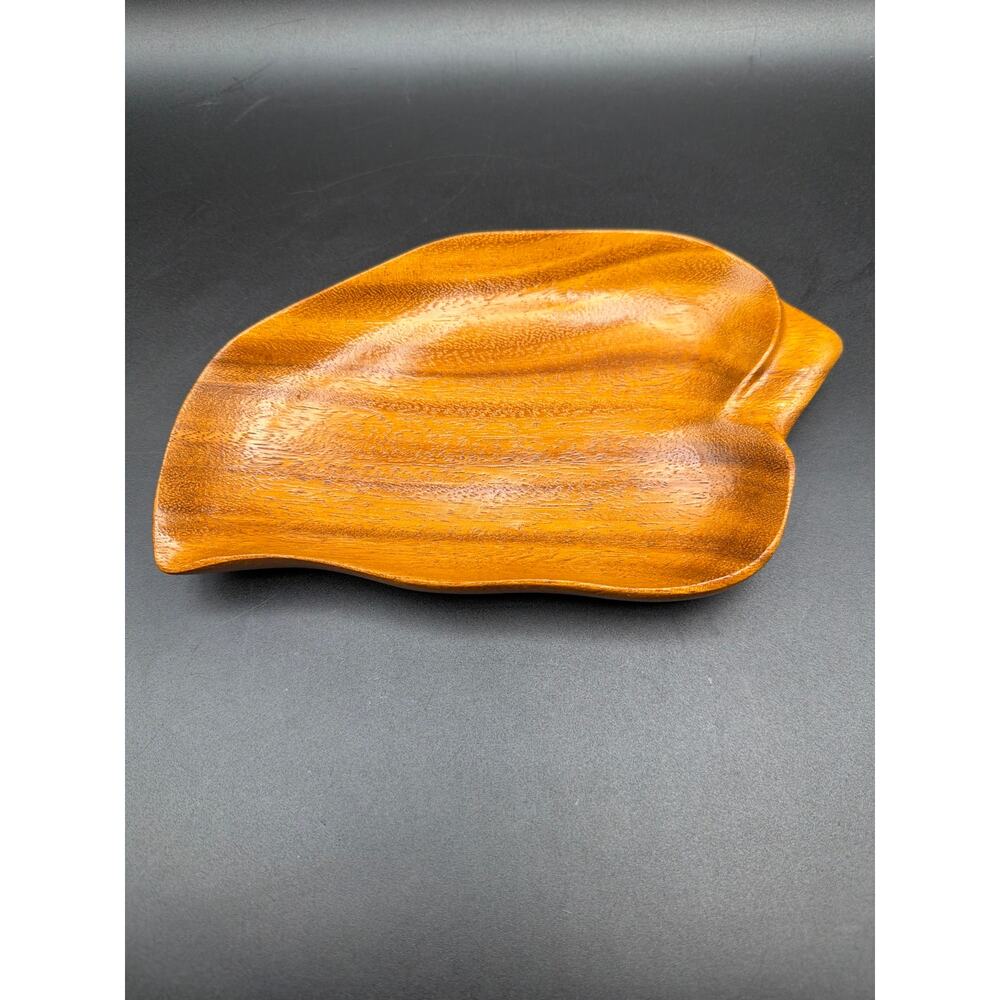 Vintage MCM Monkey Pod Wood Leaf Tray Signed Blair Honolulu Hawaii 9" Tiki Decor